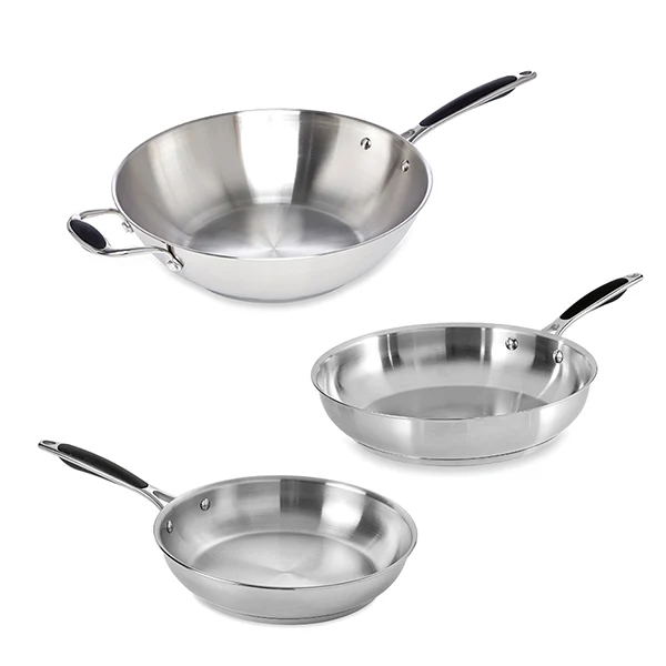 Lot 2 poêles tout inox 24 et 28 cm et wok tout inox 30 cm Excell'Inox Mathon