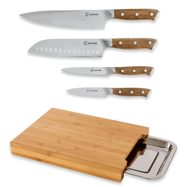 Lot planche à découper bambou et 4 couteaux bois d'acacia Mathon