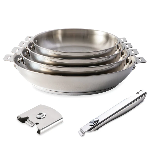 Lot 4 poêles tout inox Clips’Inox 20, 24, 28 et 32 cm avec manche et anse amovibles Mathon