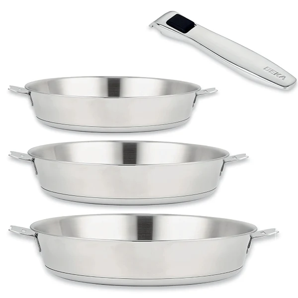 Lot 3 poêles tout inox Evolution 20, 24 et 28 cm et manche amovible Beka