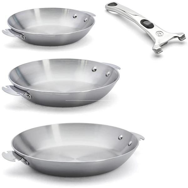 Lot 3 poêles tout inox Alchimy Loqy 20, 24 et 28 cm et manche amovible De Buyer