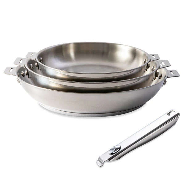 Lot 3 poêles tout inox Clips’Inox 20, 24 et 28 cm et manche amovible Mathon