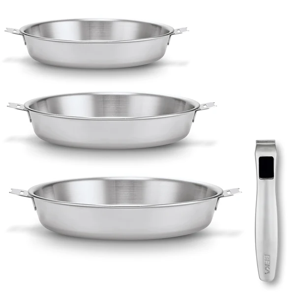 Lot 3 poêles tout inox 20, 24 et 28 cm Triply Evolution avec son manche amovible Beka