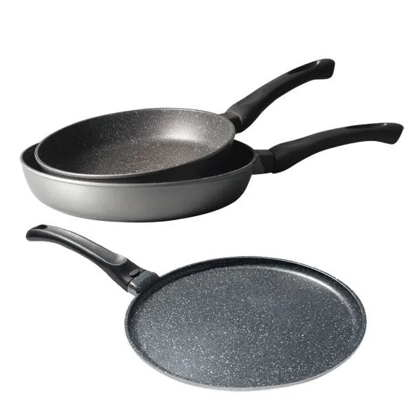 Lot 2 poêles 24 et 28 cm et 1 crêpière 26 cm revêtement Dur comme la pierre Mathon