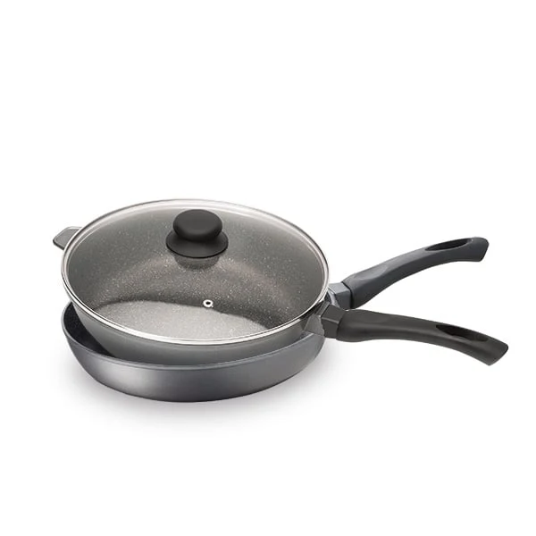 Lot poêle et sauteuse revêtement Dur comme la pierre 28 cm et couvercle en verre Mathon
