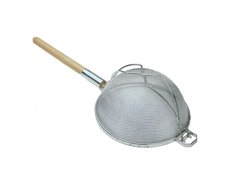 Sub-equip,RSS-14D, 14" Reinforced Heavy-Duty Medium Stainless Steel Double Mesh Strainer with Round Wooden Handle & Hanging Hook