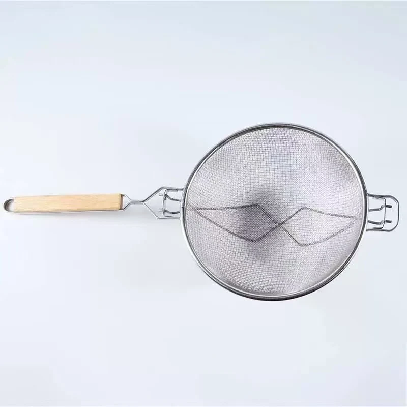 Sub-equip, RSS-10RB,10.4" Reinforced Heavy-Duty Medium Stainless Steel Double Mesh Strainer with Wooden Handle & Hanging Hook