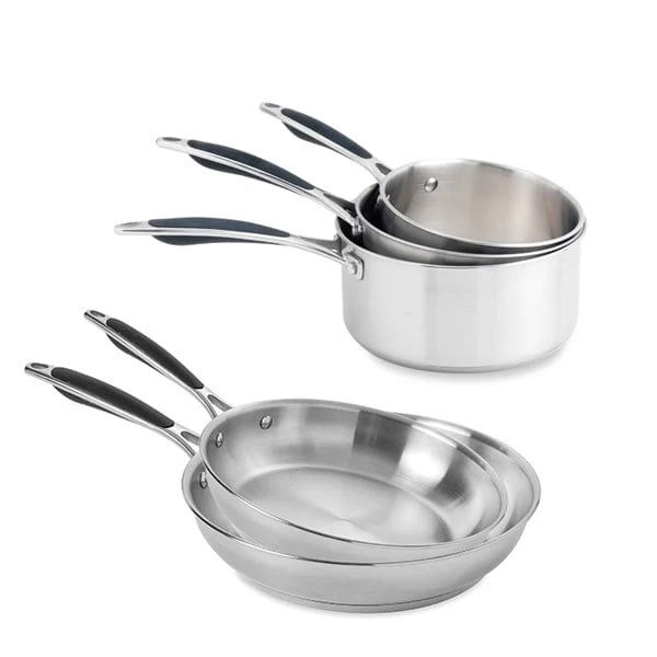 Lot 3 casseroles 16, 18 et 20 cm et 2 poêles 24 et 28 cm tout inox Excell'Inox Mathon