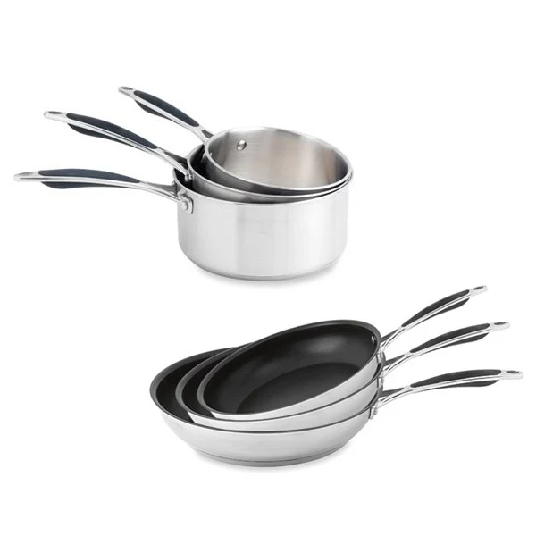 Lot 3 casseroles 16, 18 et 20 cm et 3 poêles 20, 24 et 28 cm Excell'Inox Mathon