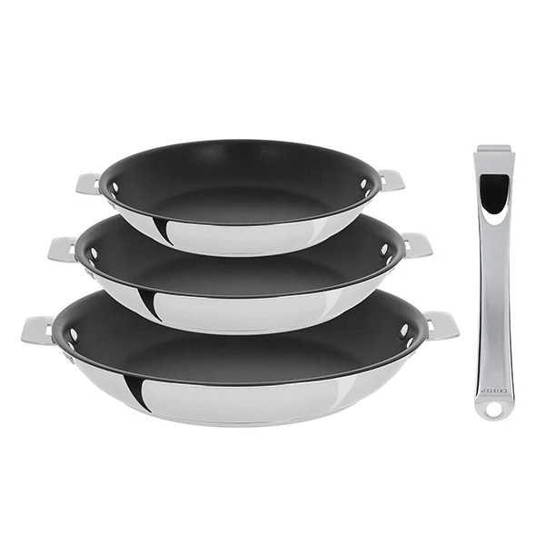 Lot 3 poêles inox antiadhérentes Casteline 20, 24 et 28 cm et manche amovible Cristel