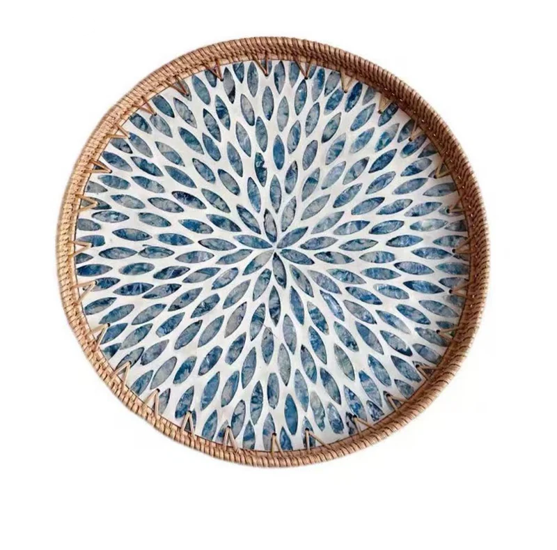 CHEFCO,RRT-35BU, 13.8"/35cm Dia Round Rattan Serving Tray with Blue Mother Of Pearl Inlay Base