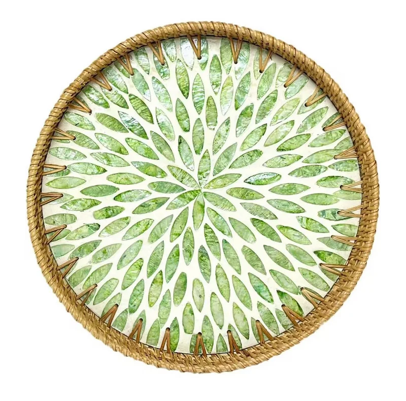 CHEFCO,RRT-29GR, 11.5"/29cm Dia Round Rattan Serving Tray with Green Mother Of Pearl Inlay Base