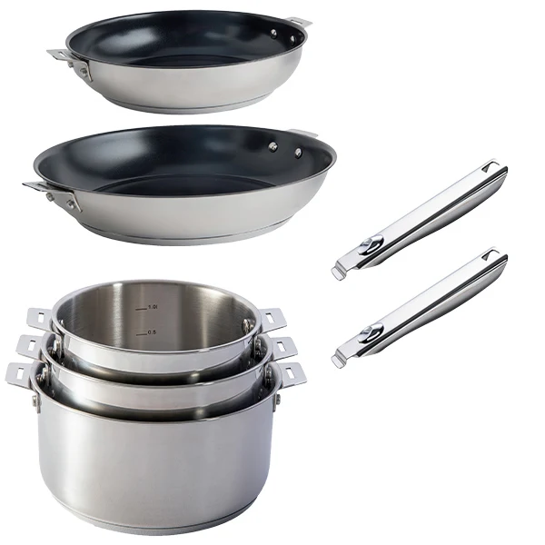 Lot 3 casseroles et 2 poêles inox revêtement antiadhérent céramique Clips’Inox et 2 manches amovibles Mathon