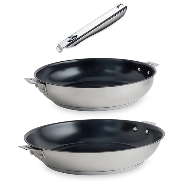 Lot 2 poêles inox revêtement antiadhérent céramique Clips’Inox 24 et 28 cm et manche amovible Mathon