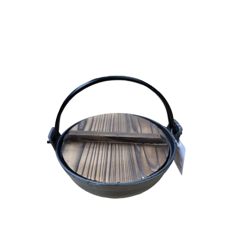 CHEFCO,IBS-20B,20.5cm/8" Dia Cast Iron Flat Bottom Serving Pot With Wire Handle & Wood Cover