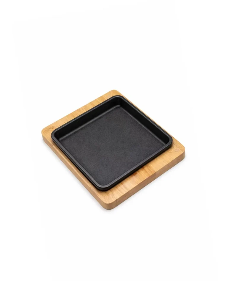 Sub-equip,CIPS-1716,Enamel Rectangular Mini Cast Iron Platter with Wooden Base,2pcs/set (16.5cm/6.5"x15.5cm/6.1")