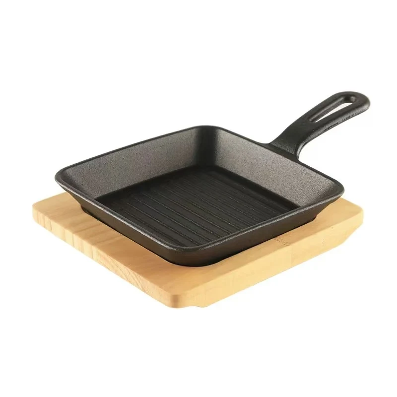 Sub-equip,CIPS-1313,Enamel Square Mini Cast Iron Platter with Wooden Base,2pcs/set (13.5cm/5.3"x13.5cm/5.3")