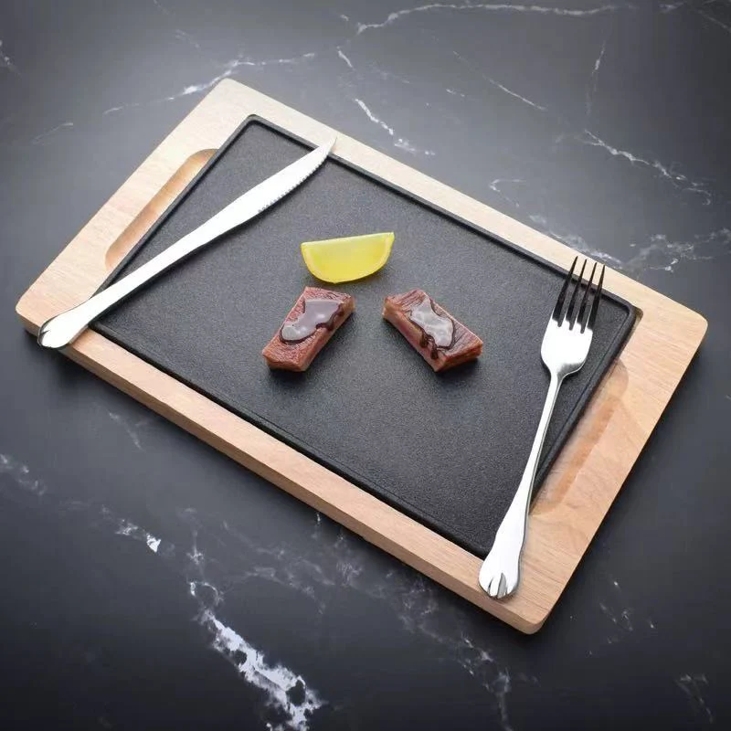 Chefco, (SL2273)Cast Iron, Square, Cast Iron Square Sizzler with Wooden Stand Serving Dish Restaurant Home and Kitchen Cooking Supply