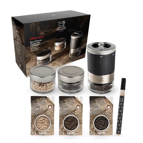 Coffret moulin à poivre Maestro à réservoirs interchangeables et 3 poivres Peugeot
