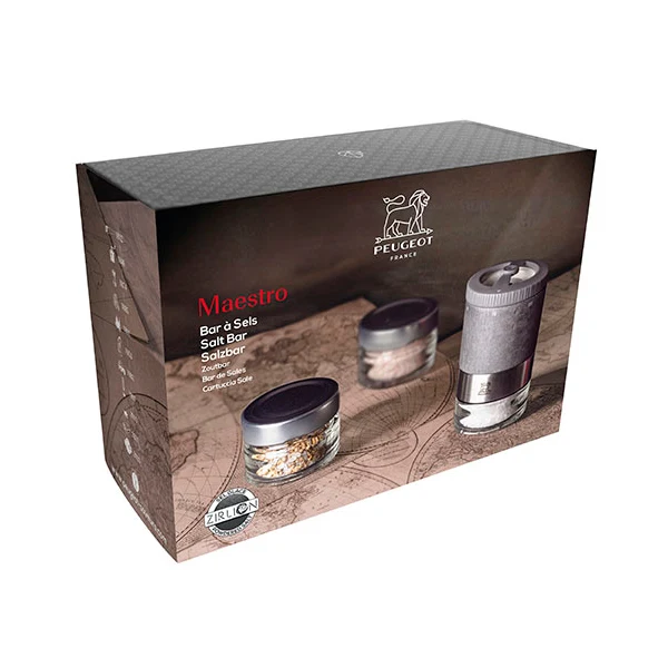 Coffret moulin à sel Maestro à réservoirs interchangeables et 3 sels Peugeot