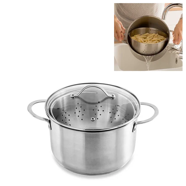 Faitout multifonction cuiseur vapeur et cuit pâtes avec panier passoire rotatif en inox et couvercle en verre 24 cm 6,7 L Mathon
