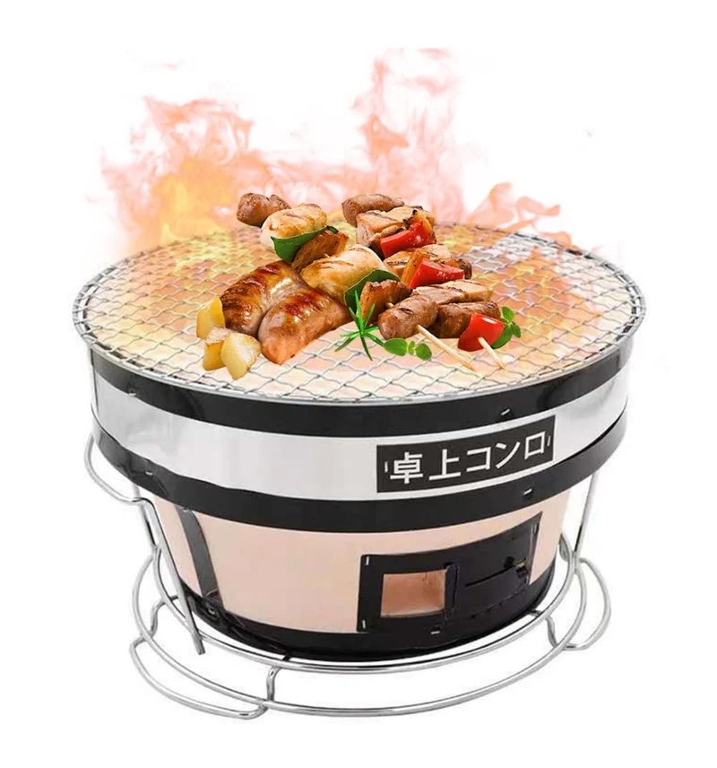Round Japanese Ceramic Clay Charcoal Grill, Mini Grill Stove with Charcoal Grate and Stand for Indoor and outdoor