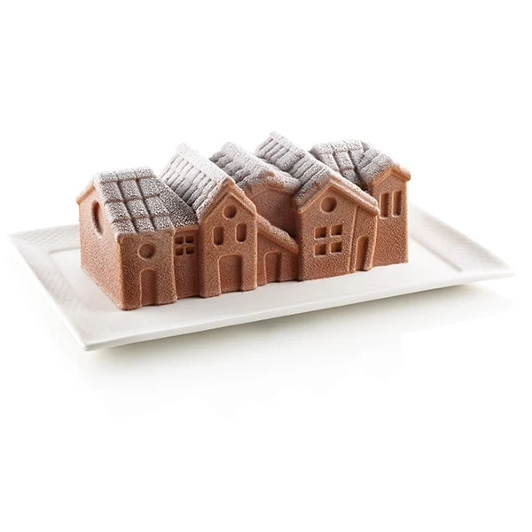 Moule à bûche 3D en silicone village enneigé Silikomart