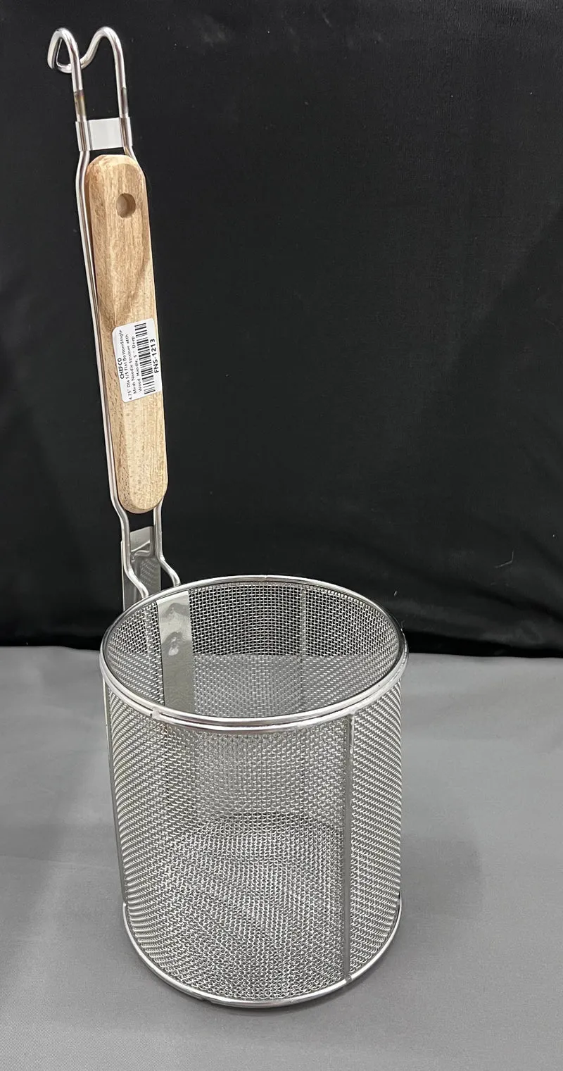 4.75" Dia S/S Flat Bottom Single Mesh Noodle Strainer with Wood Handle, 5“ Deep