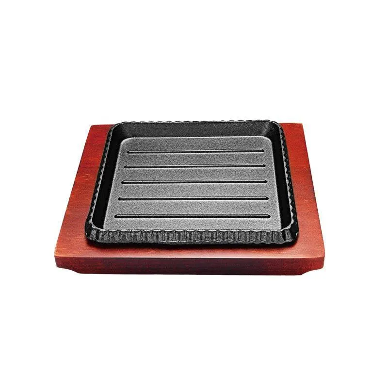 8" Cast Iron Square Sizzling Plate with Wooden Base (20 cm x 20 cm)