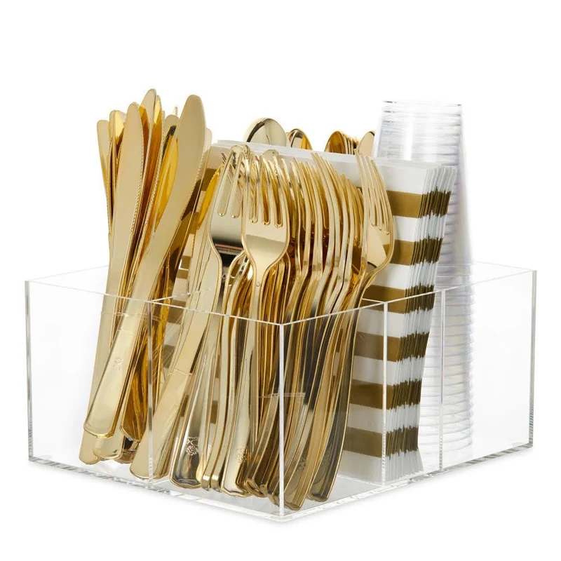 Lucite by Design CC774 Premium Lucite Cutlery Flatware Napkin Caddy Holder with 5 Compartments (7” X 7.5” X 4”)