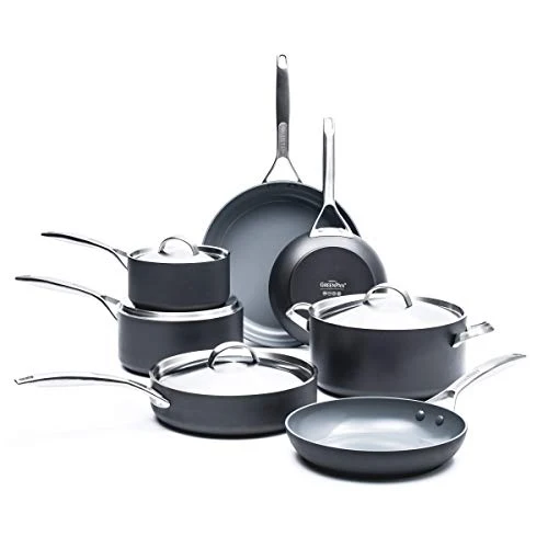 GreenPan Paris Pro 11 Piece Ceramic Non-Stick Cookware Set, Oven Safe to 600F, 5.5Qt, 3Qt Saute, 3Qt Saucepan, 11" Covered, 9.5" 8" Frying Pan, Stainless Steel Cover, Grey POTSET