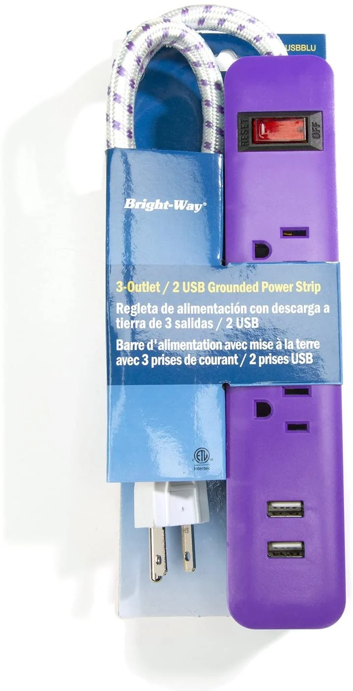 Bright-Way 3 Outlet, 2 USB Strip - Purple