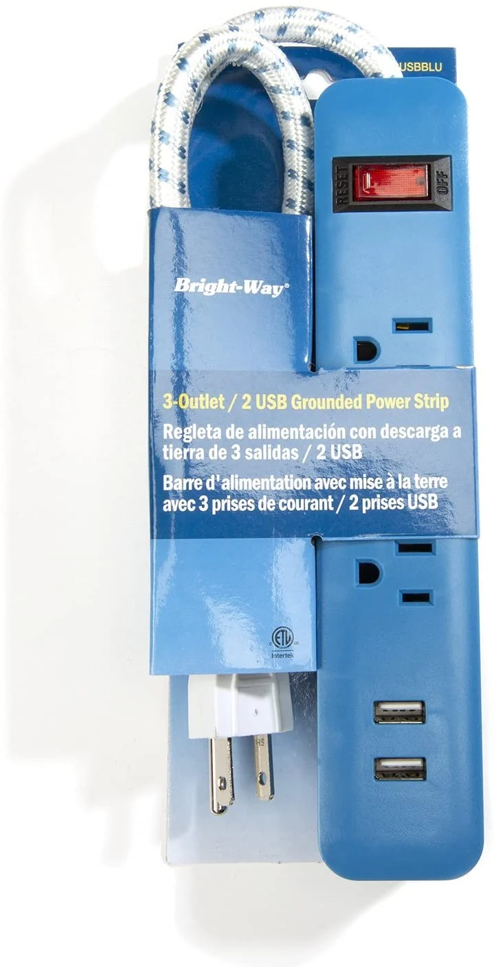 Bright-Way 3 Outlet, 2 USB Strip - Blue
