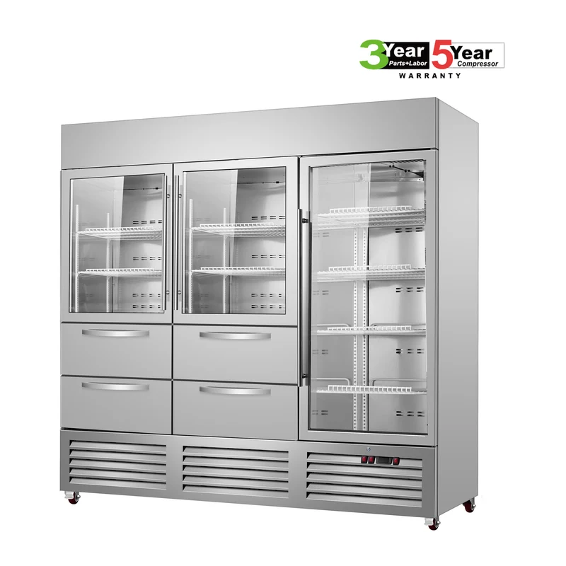 Sub-Equip, C-81RG-4D 81" Glass Triple Door Reach-In Refrigerator With Four Drawers