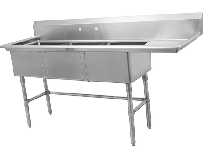 Metal 304, S3C202014-20R-316, 16-Gauge 304 Stainless Steel Three Compartment Sink with Right Drainboard (83" x 26" x 43.2")