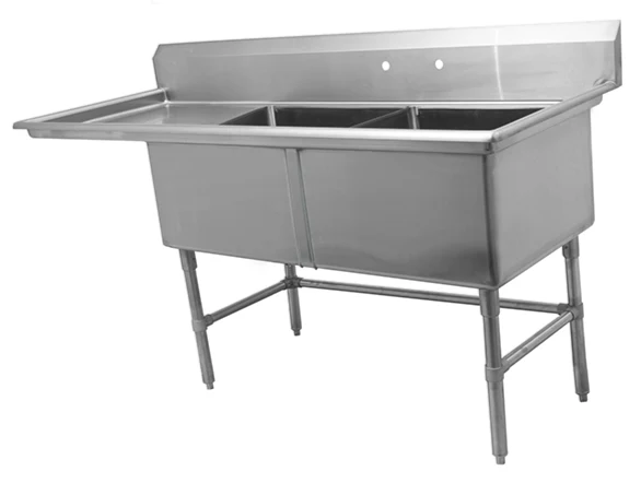 Metal 304, S2C202014-20L-316, 16-Gauge 304 Stainless Steel Two Compartment Sink with Left Drainboard (63" x 26" x 43.2")