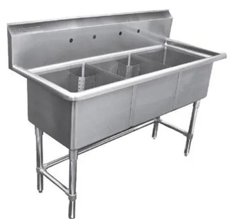 Metal 304, S3C181812-316, 16-Gauge 304 Stainless Steel Three Compartment Sink, No Drainboards (60" x 24" x 43.2")