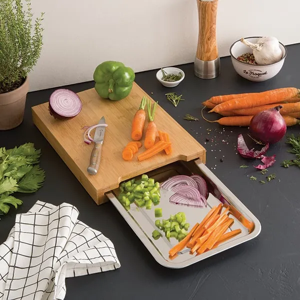 Planche à découper bambou 34 cm avec bac amovible inox Mathon