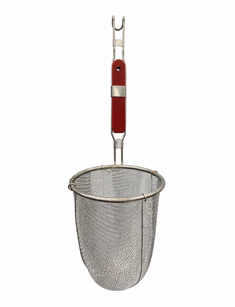 CHEFCO,MNS-1417R,Extra Heavy Duty Stainless Steel Pasta Strainer, Red Wooden Handle (5.5"/14.3cm Dia )