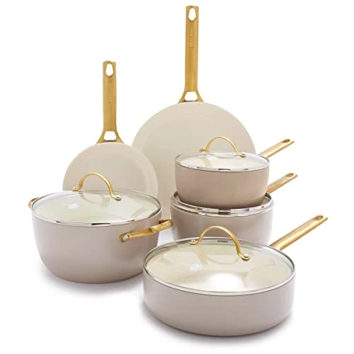 GreenPan Reserve Hard Anodized Healthy Ceramic Nonstick 10 Piece Cookware Pots and Pans Set, Gold Handle - Assorted Colors