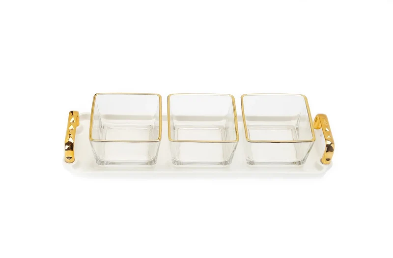 Classic Touch 3 Bowl Serving Dish White Tray with Glass Bowls Gold Trimmed