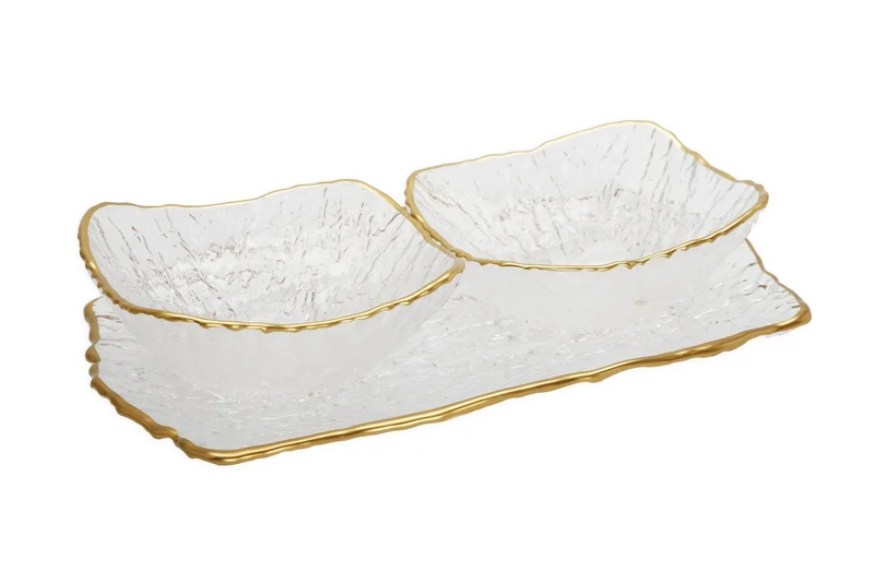 Classic Touch Glass 2 Bowl Relish Dish with Gold Trim