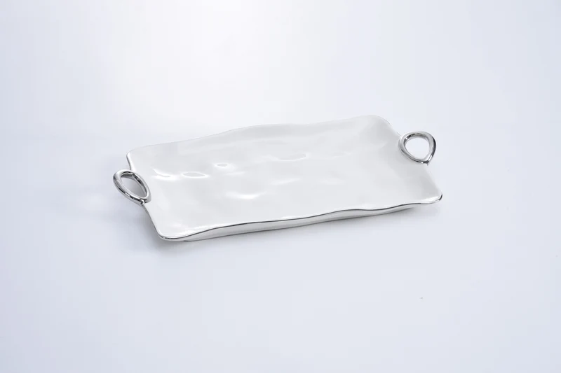 Pampa Bay Titanium-Plated Porcelain Silver Handled Large Platter, 17.5 x 9.5 x 1.75