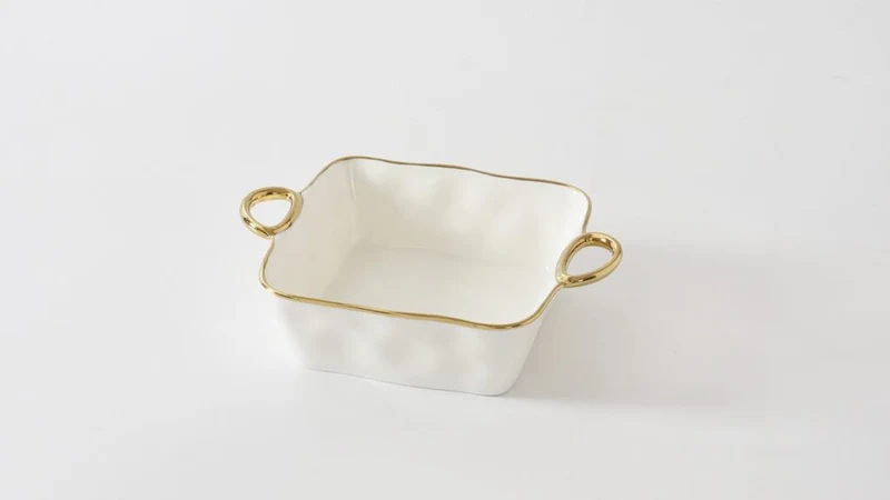 Pampa Bay Golden Handles Square Baking Dish, Dishwasher Safe, White With Gold Trim