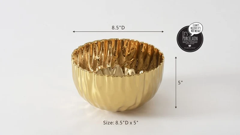 Pampa Bay Medium Bowl Porcelain Snack Salad Bowl, Microwave Safe, Dishwasher Safe, Gold