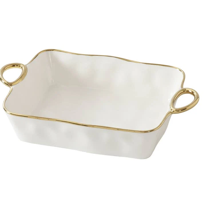 Pampa Bay Golden Handles Rectangular Baking Dish, Dishwasher Safe, White With Gold Trim