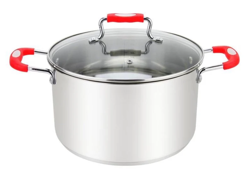 Millvado-Urban Stainless Steel Pot with Glass Cover, Red Silicone Handles, Various Sizes