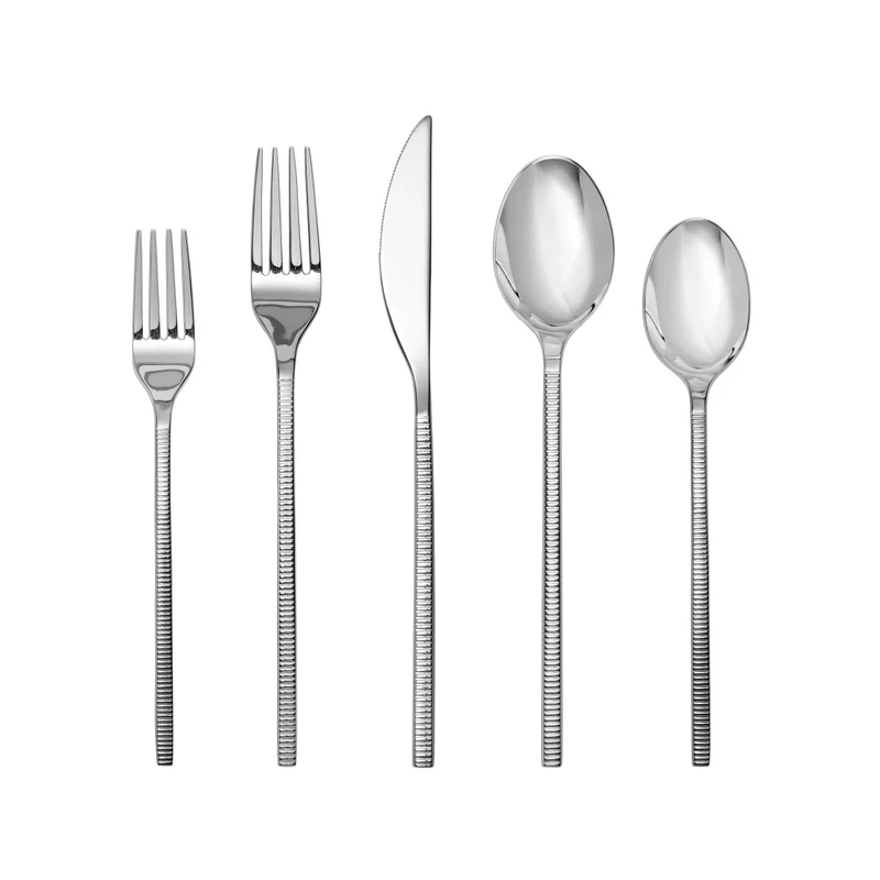Fortessa Shoji Elongated Shape Ribbed Texture 18/10 Stainless Steel Flatware - Assorted Size Sets