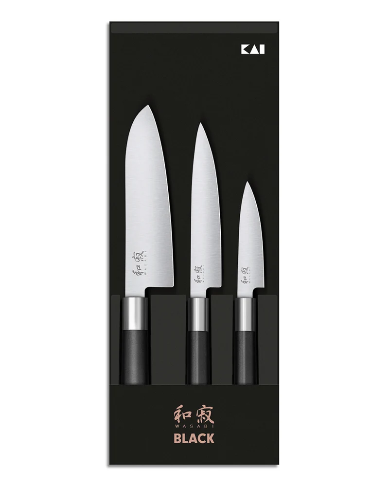 Coffret 3 couteaux Kai Wasabi Black – Office 10 cm • Utilitaire 15 cm • Santoku 16,5 cm