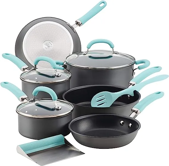 Rachael Ray 11-Piece Hard Anodized Aluminum Nonstick Cookware Set, Light Blue Handles